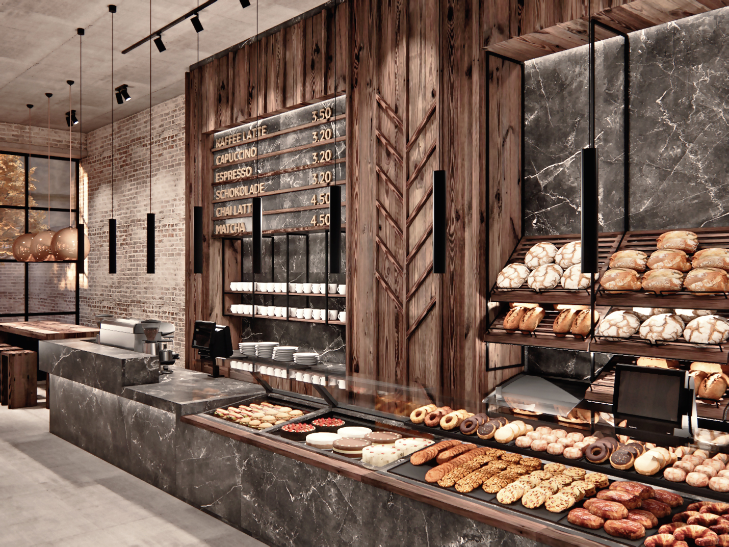 Die Bäckereieinrichtung präsentiert die Backwaren - ideal kombiniert mit einem durchdachten Lichtkonzept
